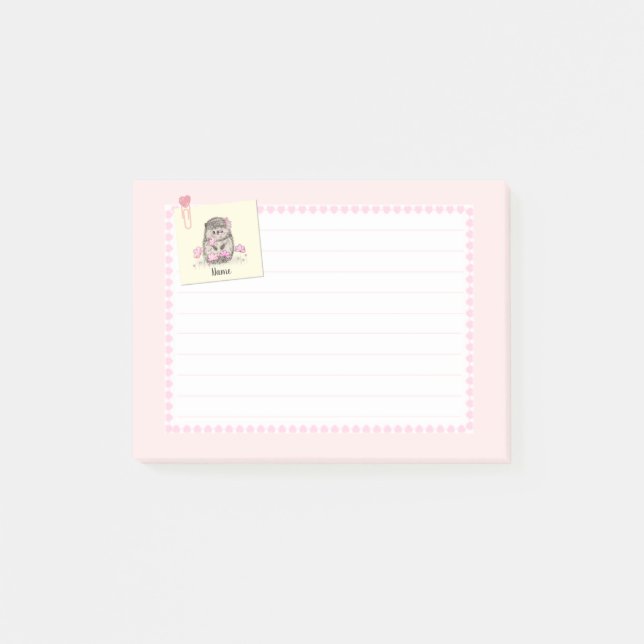 Cute Hedgehog Custom Name Pink Post-it Notes (Front)