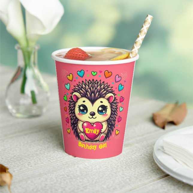 Cute Hedgehog Customisable Birthday Girl Paper Cups (Insitu)