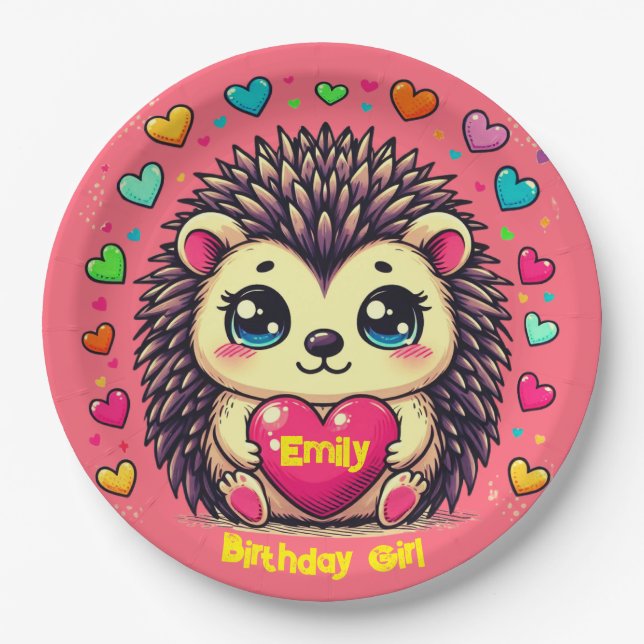 Cute Hedgehog Customisable Birthday Girl Paper Plate (Front)