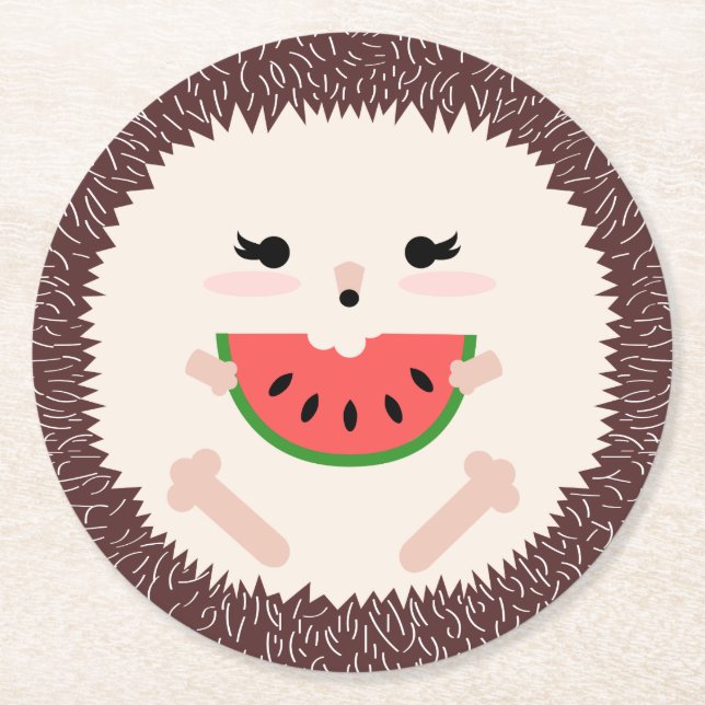 Cute Hedgehog Eating Watermelon Slice Round Paper Coaster (Front)