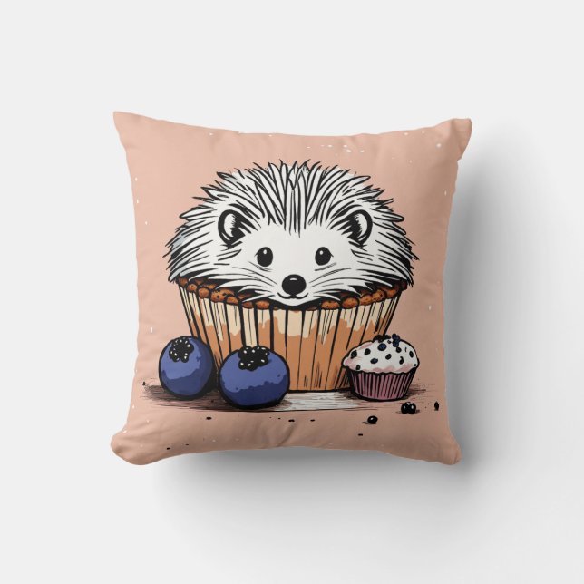 "Cute Hedgehog Enjoying a Blueberry Muffin Pillow  (Front)