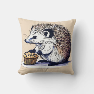 Cute Hedgehog Enjoying a Blueberry Muffin Pillow D