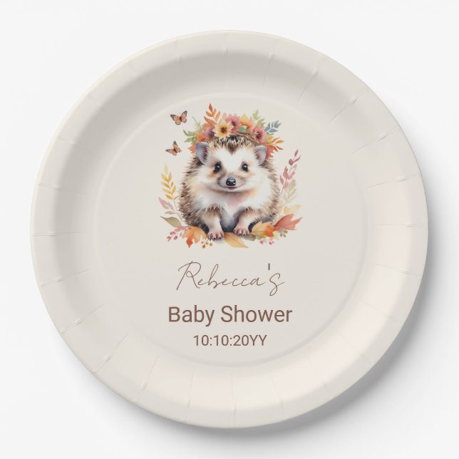 Cute Hedgehog Fall Woodland Baby Shower Paper Plate (Front)