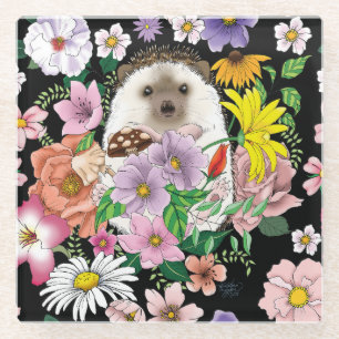 Cute Hedgehog Flowers Glass Coaster