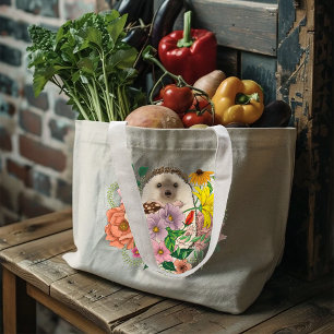 Cute Hedgehog Flowers Large Tote Bag