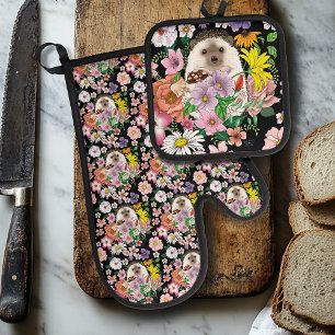 Cute Hedgehog Flowers Oven Mitt & Pot Holder Set