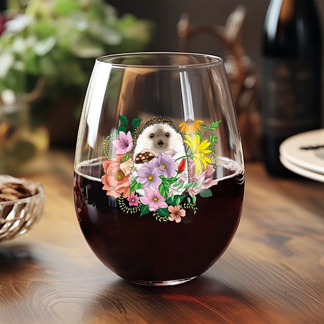 Cute Hedgehog Flowers Stemless Wine Glass (Creator Uploaded)