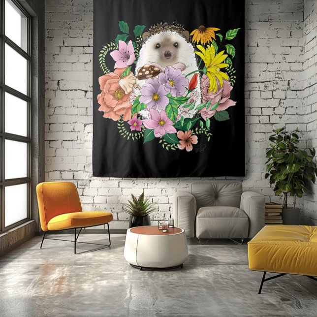 Cute Hedgehog Flowers Tapestry (Creator Uploaded)