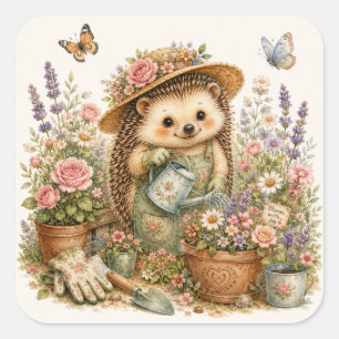 Cute Hedgehog Gardening Flowers Cottagecore Square Sticker