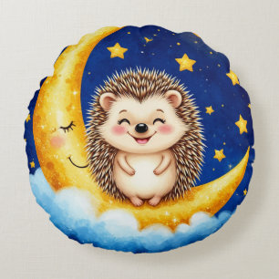 Cute Hedgehog Golden Crescent Moon 🌙 Round Cushion