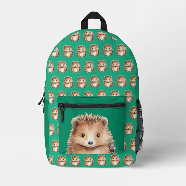 Cute Hedgehog Green Printed Backpack (Front)