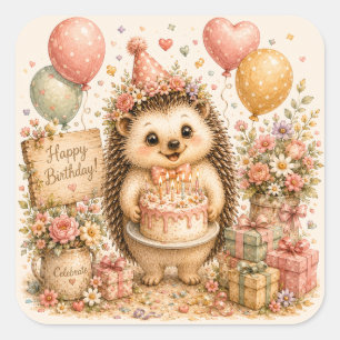 Cute Hedgehog Happy Birthday Cake Balloons Cottage Square Sticker