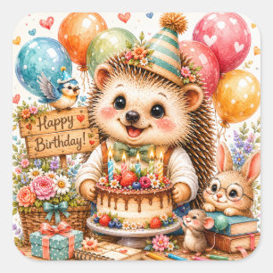 Cute Hedgehog Happy Birthday Forest Friends Square Sticker