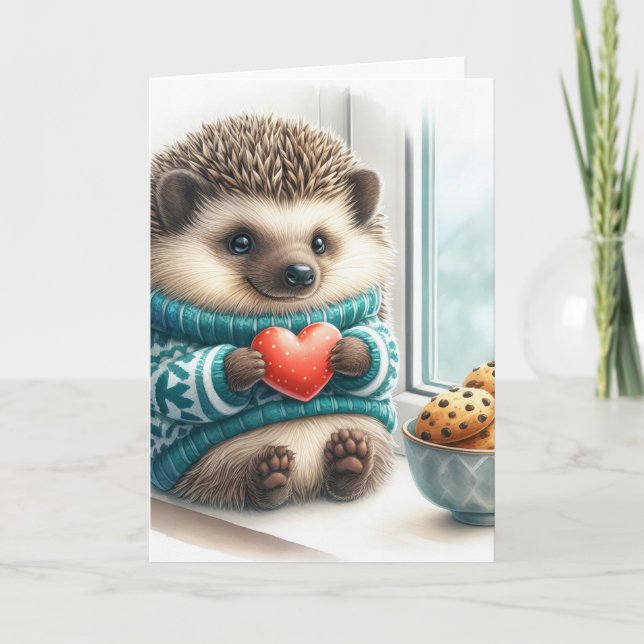 Cute Hedgehog Heart Cookies Valentine's Day Holiday Card (Front)