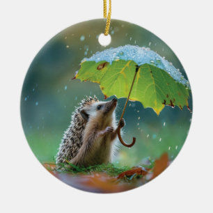 Cute hedgehog holding a leaf umbrella ceramic tree decoration