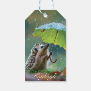 Cute hedgehog holding a leaf umbrella gift tags
