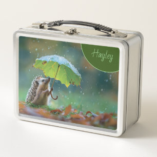 Cute hedgehog holding a leaf umbrella metal lunch box