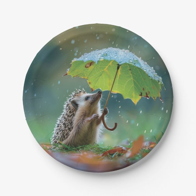 Cute hedgehog holding a leaf umbrella paper plate (Front)