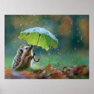 Cute hedgehog holding a leaf umbrella poster
