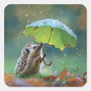 Cute hedgehog holding a leaf umbrella square sticker