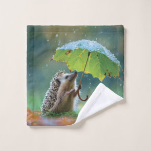 Cute hedgehog holding a leaf umbrella wash cloth