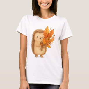 Cute Hedgehog Holding Autumn Leaves Cozy Fall T-Shirt