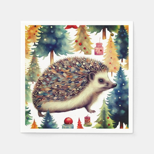 Cute Hedgehog Holiday Trees  Napkin (Front)