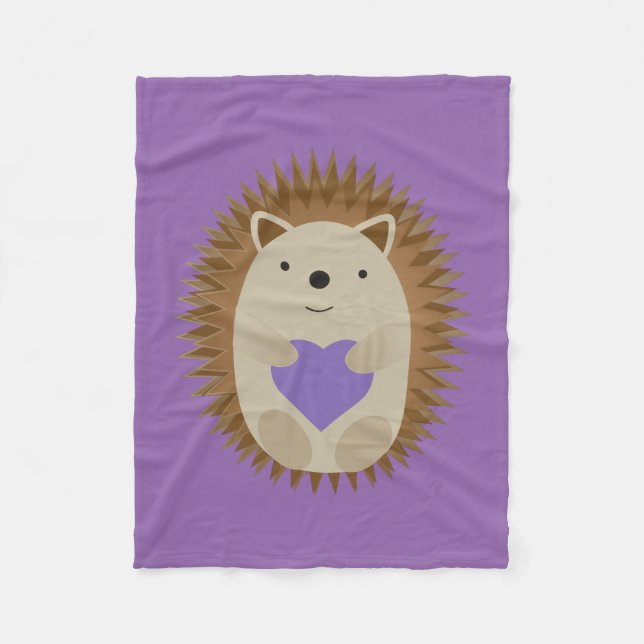 Cute Hedgehog Holidng a Purple Heart Fleece Blanket (Front)