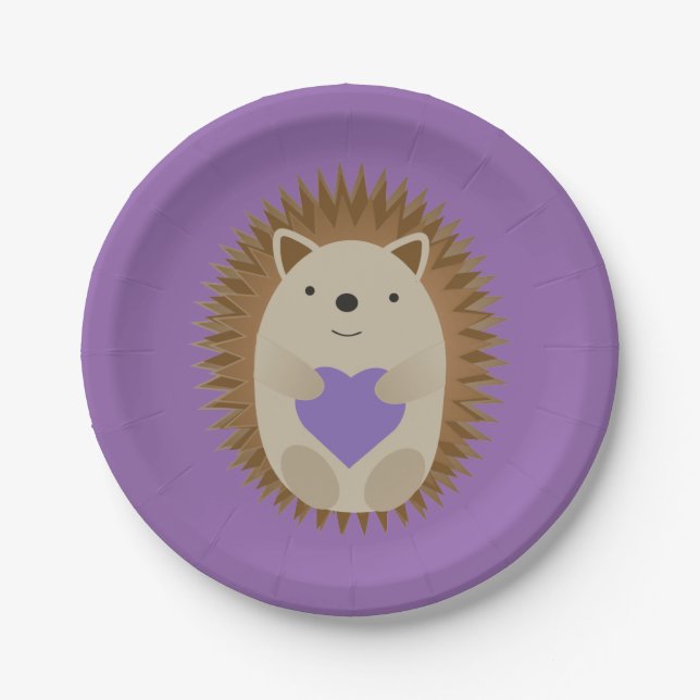 Cute Hedgehog Holidng a Purple Heart Paper Plate (Front)