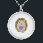 Cute Hedgehog Holidng a Purple Heart Silver Plated Necklace<br><div class="desc">Hedgehog love.  Cute hedgehog holding a purple heart design.</div>