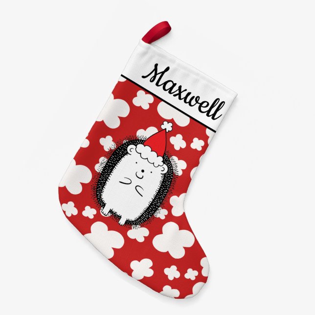 Cute Hedgehog Illustration on Red White Pattern Small Christmas Stocking (Front (Hanging))