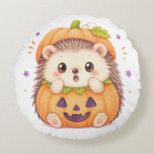 Cute Hedgehog in Pumpkin Costume Halloween Illustr Round Cushion