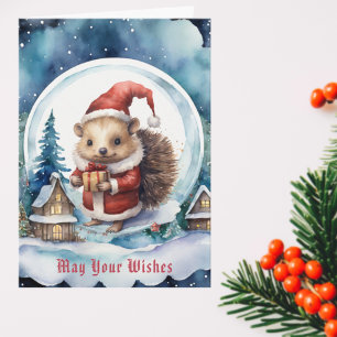 Cute Hedgehog in Santas Hat Snowglobe Christmas Card