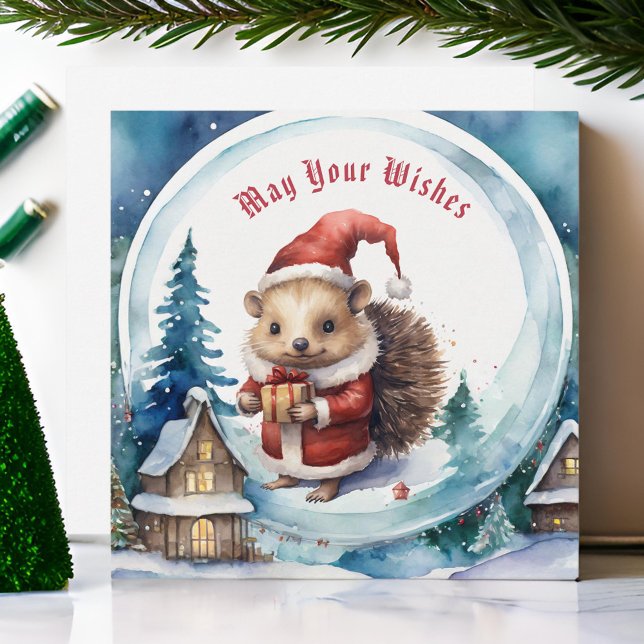 Cute Hedgehog in Santas Hat Snowglobe Christmas Holiday Card (Creator Uploaded)