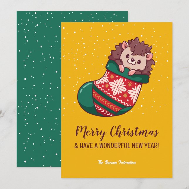 Cute Hedgehog in Stockings Merry Christmas Holiday Card (Front/Back)