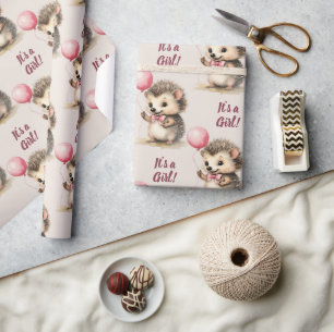 Cute Hedgehog Its a Girl Baby Shower Wrapping Paper