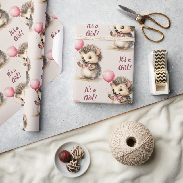 Cute Hedgehog Its a Girl Baby Shower Wrapping Paper (Crafts)
