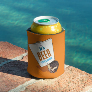 Cute Hedgehog It's Beer O'Clock Funny Cartoon Can Cooler