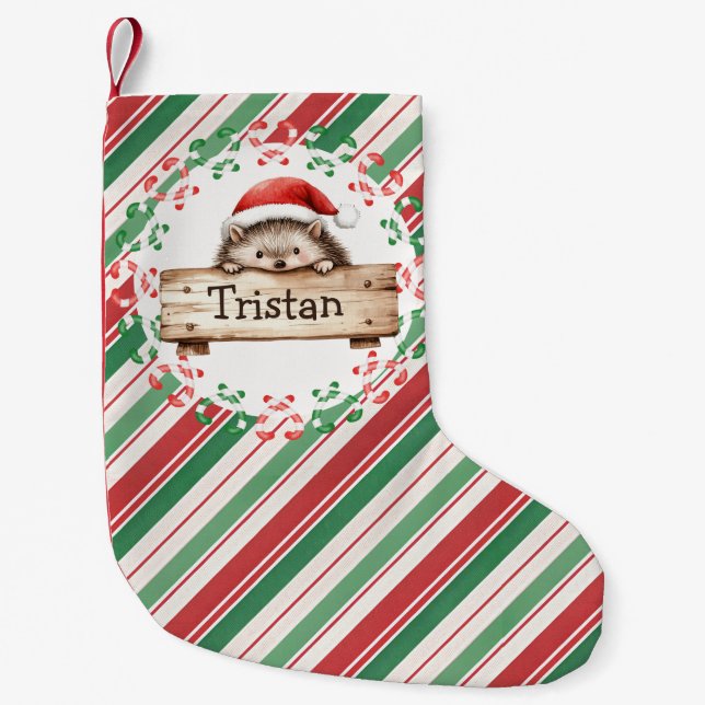 Cute Hedgehog Kids name  Small Christmas Stocking (Front)