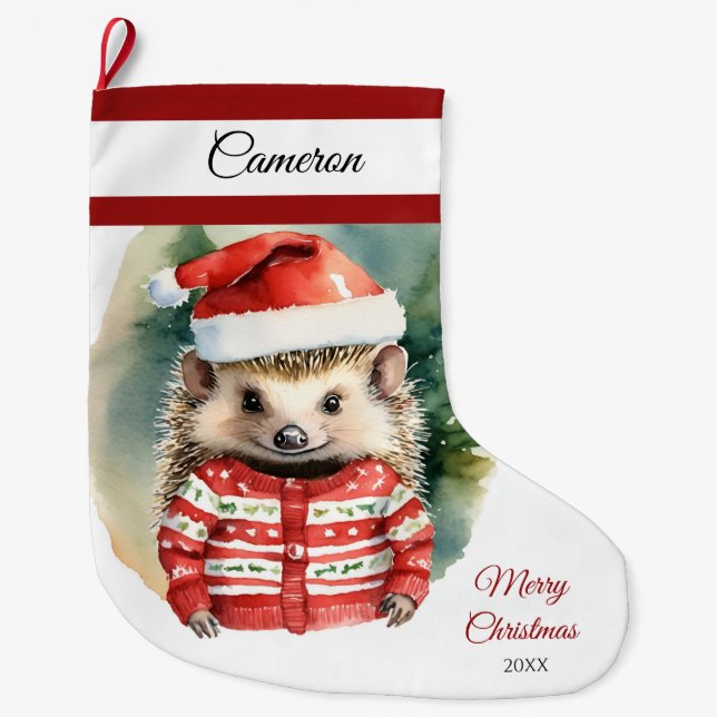Cute Hedgehog Large Christmas Stocking (Front)