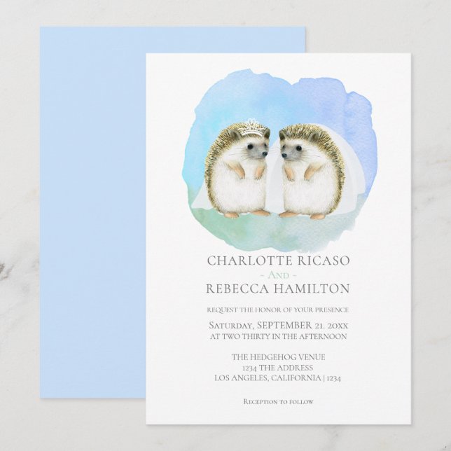 Cute Hedgehog Lesbian Gay Couple Wedding Invitation (Front/Back)