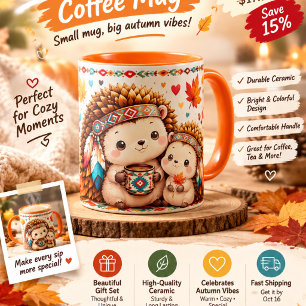Cute Hedgehog Mug with Colourful Fall. Autumn cof