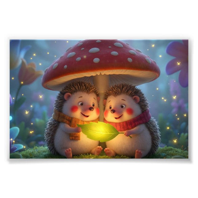 Cute Hedgehog Mushroom Art – Cozy Woodland Fantasy Photo Print (Front)