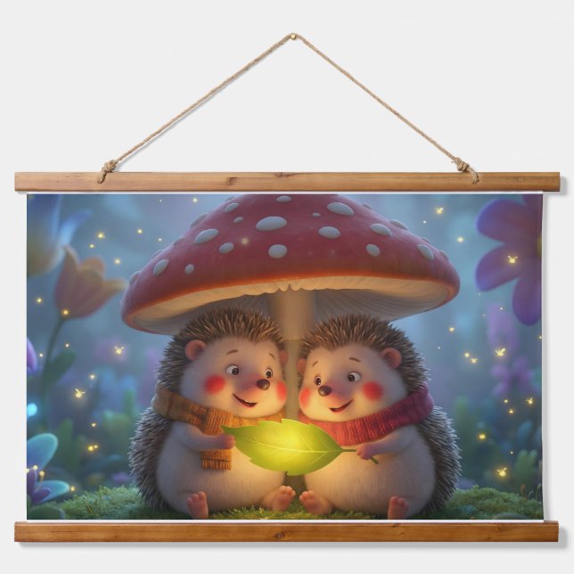 Cute Hedgehog Mushroom Woodland Tapestry (Front)