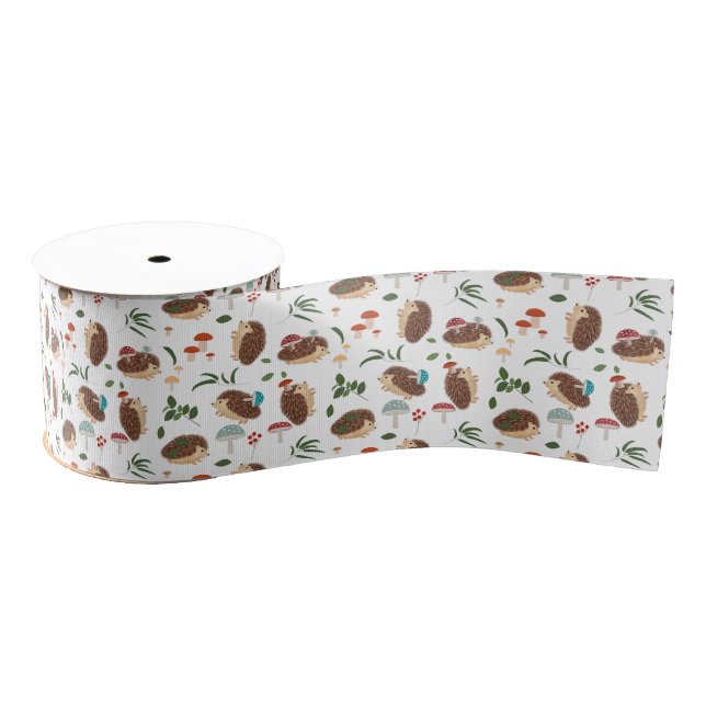 Cute Hedgehog Mushrooms Woodland Forest Animal Grosgrain Ribbon (Spool)