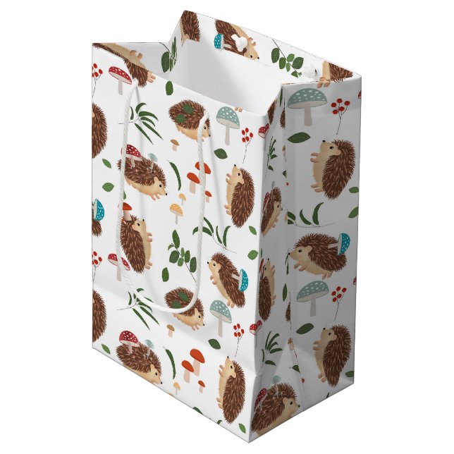 Cute Hedgehog Mushrooms Woodland Forest Animal Medium Gift Bag (Front Angled)