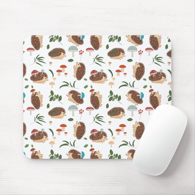 Cute Hedgehog Mushrooms Woodland Forest Animal Mouse Mat (With Mouse)