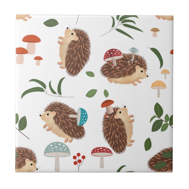 Cute Hedgehog Mushrooms Woodland Forest Animal Tile (Front)