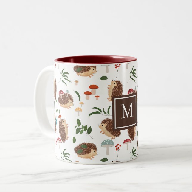 Cute Hedgehog Mushrooms Woodland Forest Animal Two-Tone Coffee Mug (Front Left)