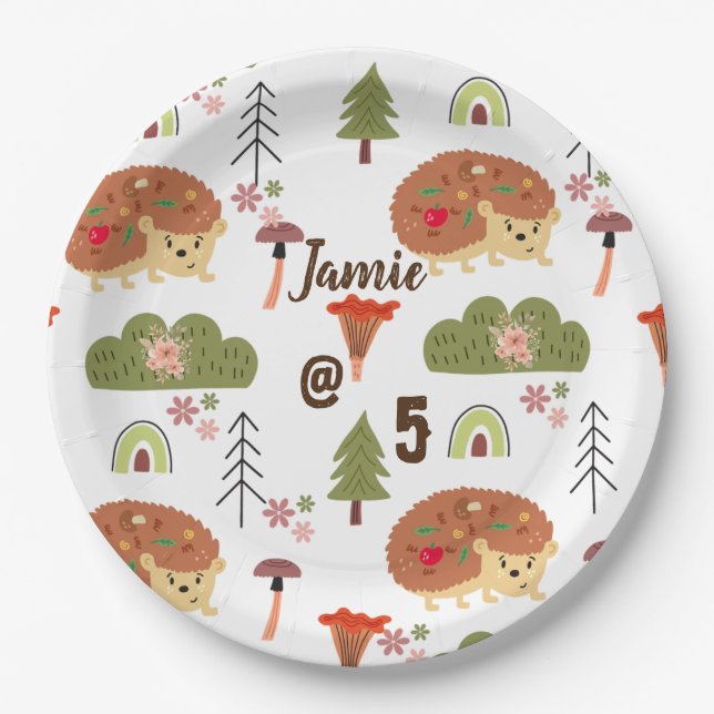 Cute Hedgehog Nature Floral Rainbow Pattern  Paper Plate (Front)